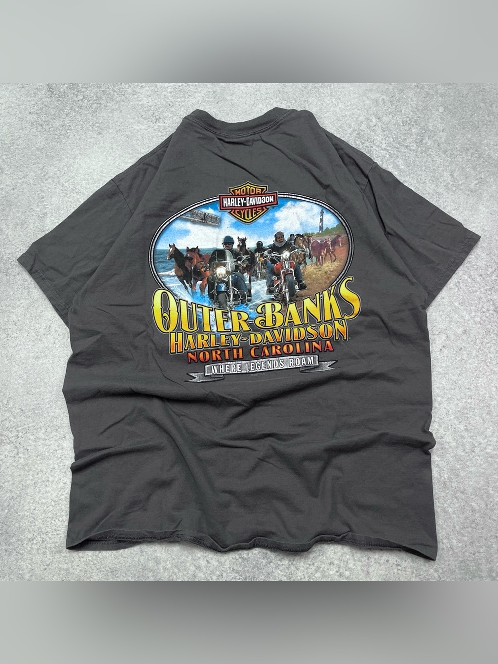 vintage 2000s y2k style Harley Davidson horses on beach motorcycle gray t-shirt